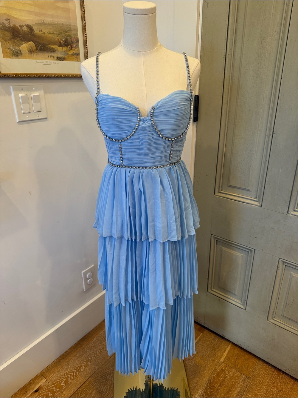 Blue Tiered Chiffon Rhinestone Dress